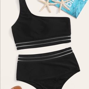 “ROMWE” MESH PANEL ONE SHOULDER HIGH WAIST SET